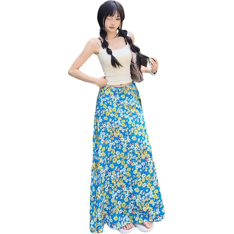 Kazakhstan Casual Long Skirt Women's Blue Floral-2