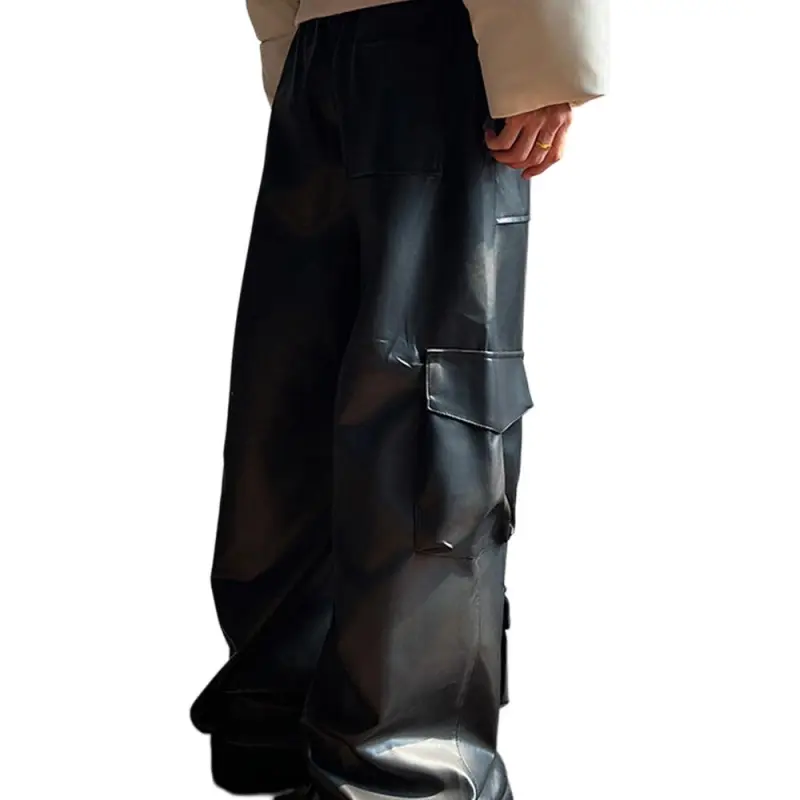 PAINT STAIN Leather Pants Unisex Black-12