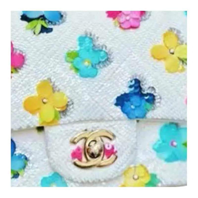 CHANEL Embroidered Silk Satin Sequins Flap Bag, Crossbody Bag, Shoulder Bag Mini Women's White-1