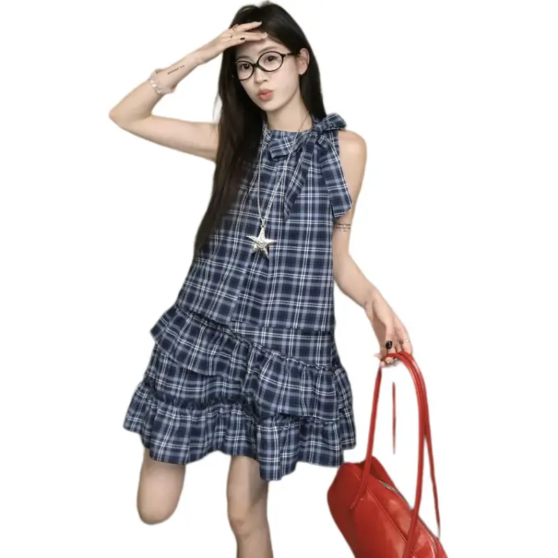 Mu Xiao Xin Sleeveless Dress Women's Plaid Blue-1