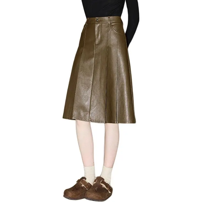 KUHNMARVIN Leather Long Skirts Women's Brown-3