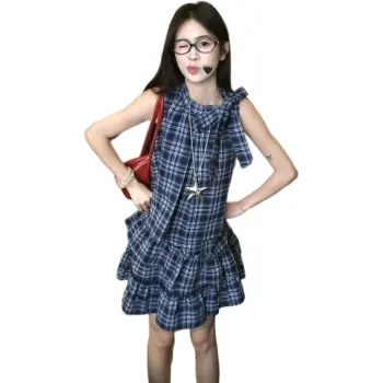 Mu Xiao Xin Sleeveless Dress Women's Plaid Blue