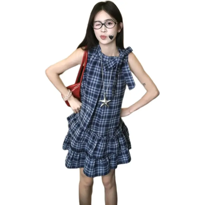 Mu Xiao Xin Sleeveless Dress Women's Plaid Blue-0