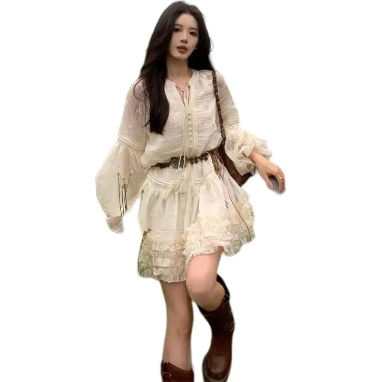 Mu Xiao Xin Long Sleeved Dress Women's White-1