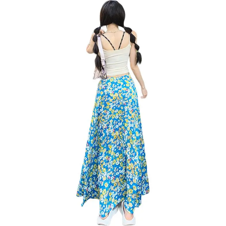 Kazakhstan Casual Long Skirt Women's Blue Floral-3
