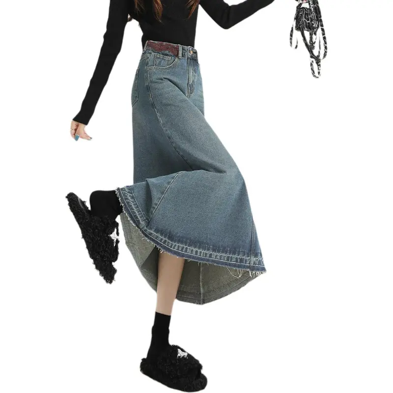 Weixi Denim Long Skirts Women's Vintage Blue-1