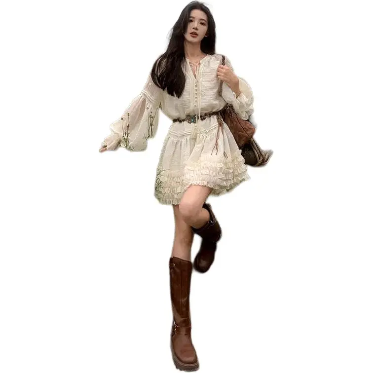 Mu Xiao Xin Long Sleeved Dress Women's White-3