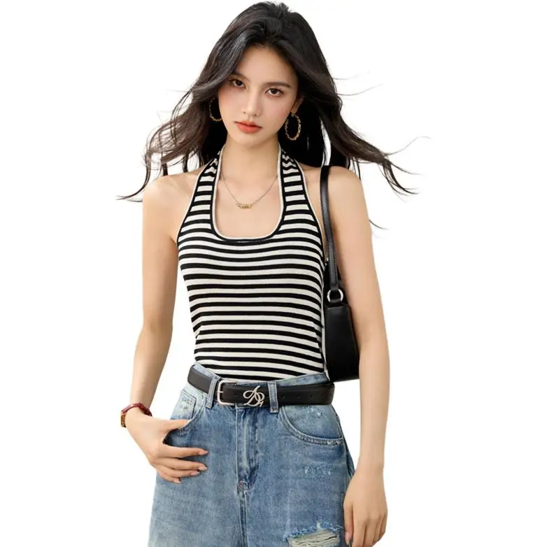 La Chapelle Camisoles Women's Black Stripes Pattern-1