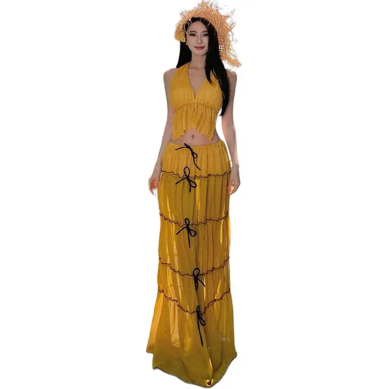 Dior Beauty Two Piece Skirt Sets Women's Yellow-3