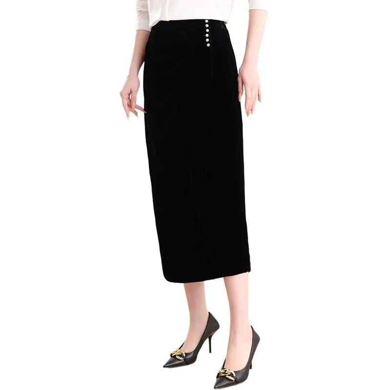 Yi Mengyuan Silk Casual Long Skirt Women's Black-3