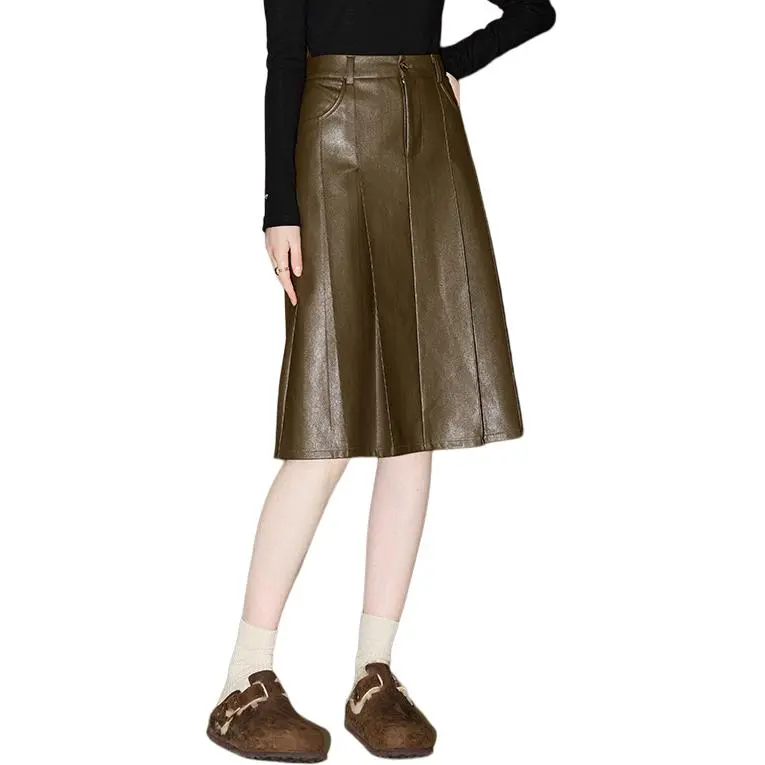 KUHNMARVIN Leather Long Skirts Women's Brown-4
