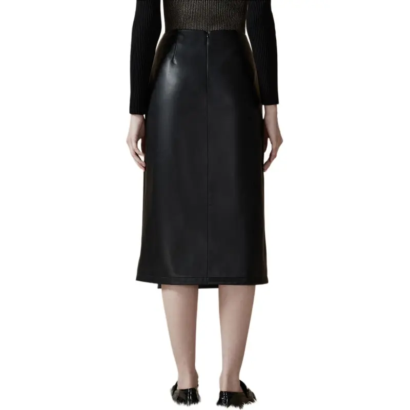 DKNY Leather Long Skirt Women's Black-1