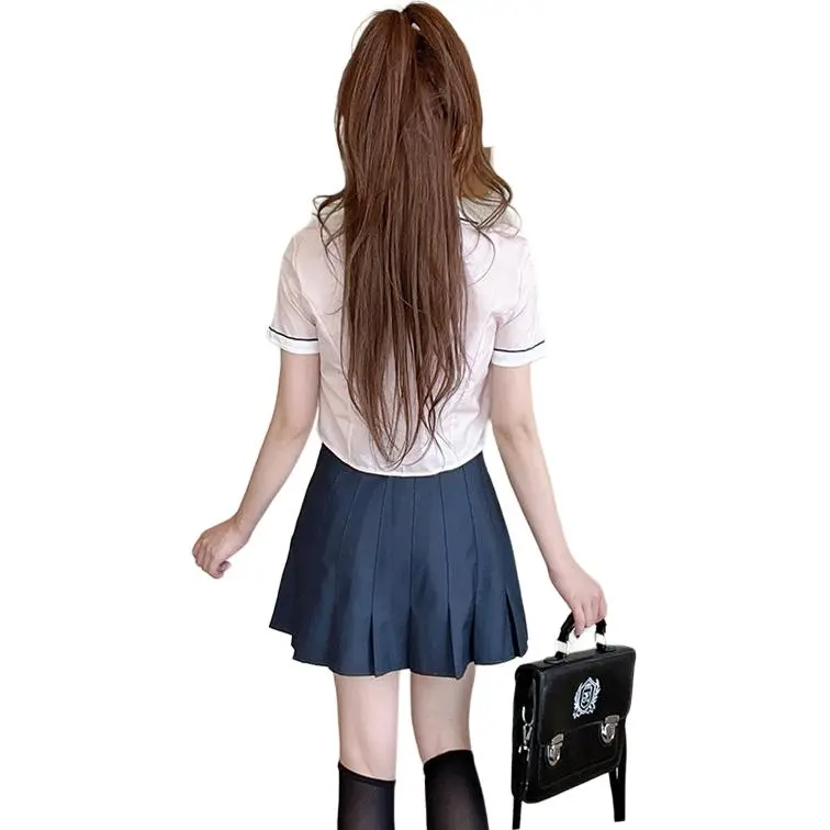DGMZ Uniforms Women's Pink Top Tie Blue Skirt Set-1