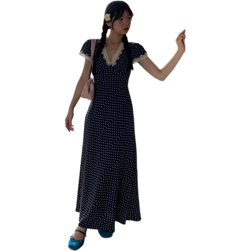 Mu Xiao Xin Short Sleeved Dress Women's Navy Blue-2