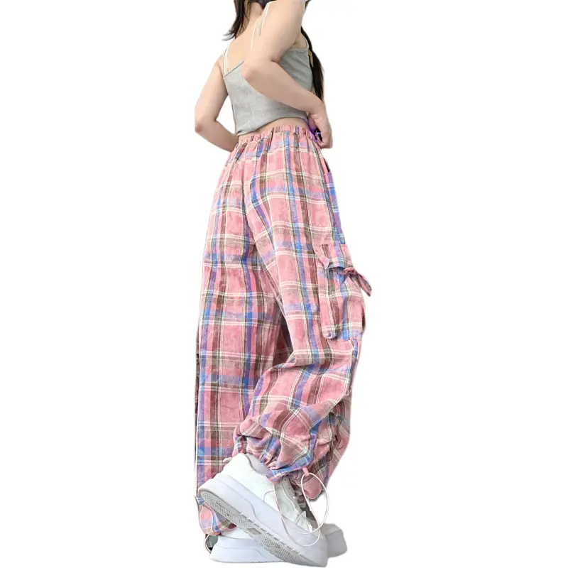 Mu Xiao Xin Casual Pants Women's Pink Blue Plaid-2