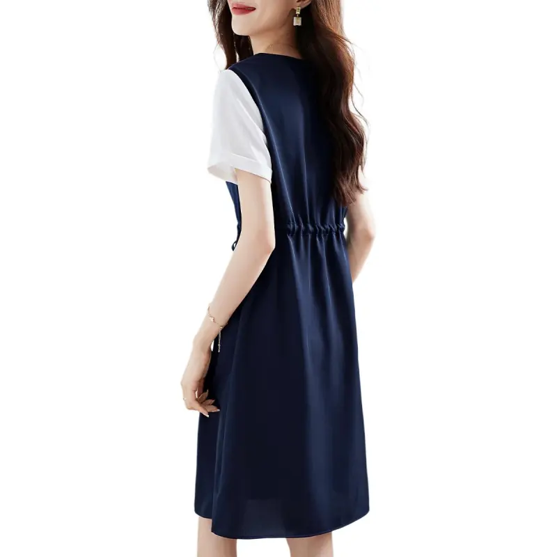 Mo Han Yi Mei Short Sleeved Dress Women's Navy Blue & White-1