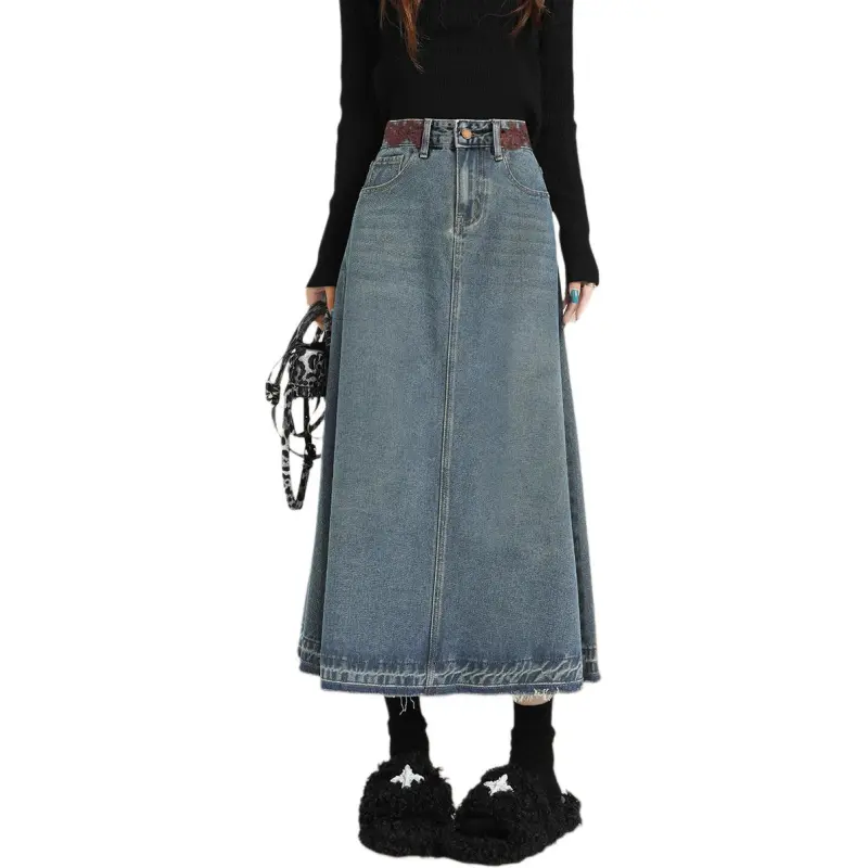 Weixi Denim Long Skirts Women's Vintage Blue-2