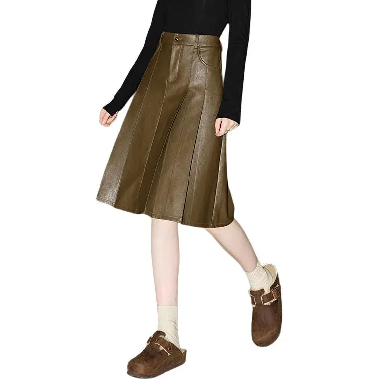 KUHNMARVIN Leather Long Skirts Women's Brown-5