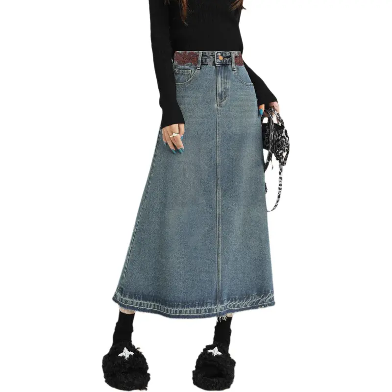 Weixi Denim Long Skirts Women's Vintage Blue-3