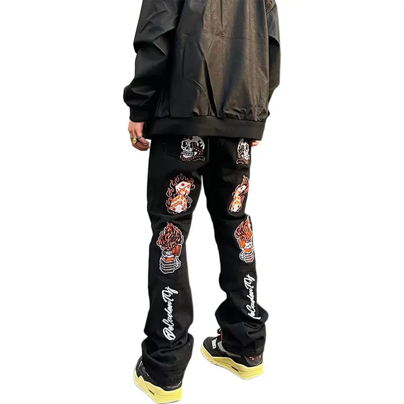 WELTER EXPERIMENT American Luxury Streetwear Hip Hop Style Distressed Funny Pattern Mid Rise Bootcut Jeans Unisex-1