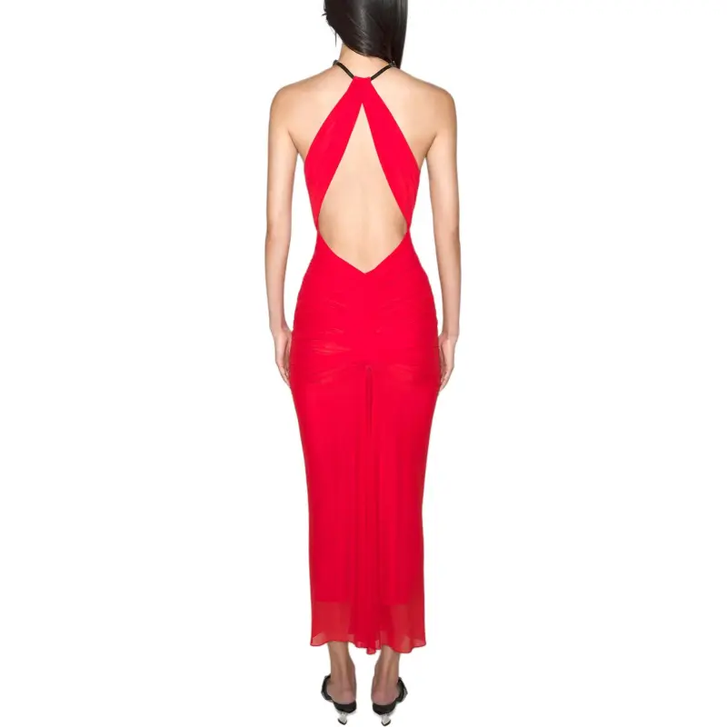 Mugler SS25 Red Ruched Halter Dress Sleeveless Dress Women's Red-0