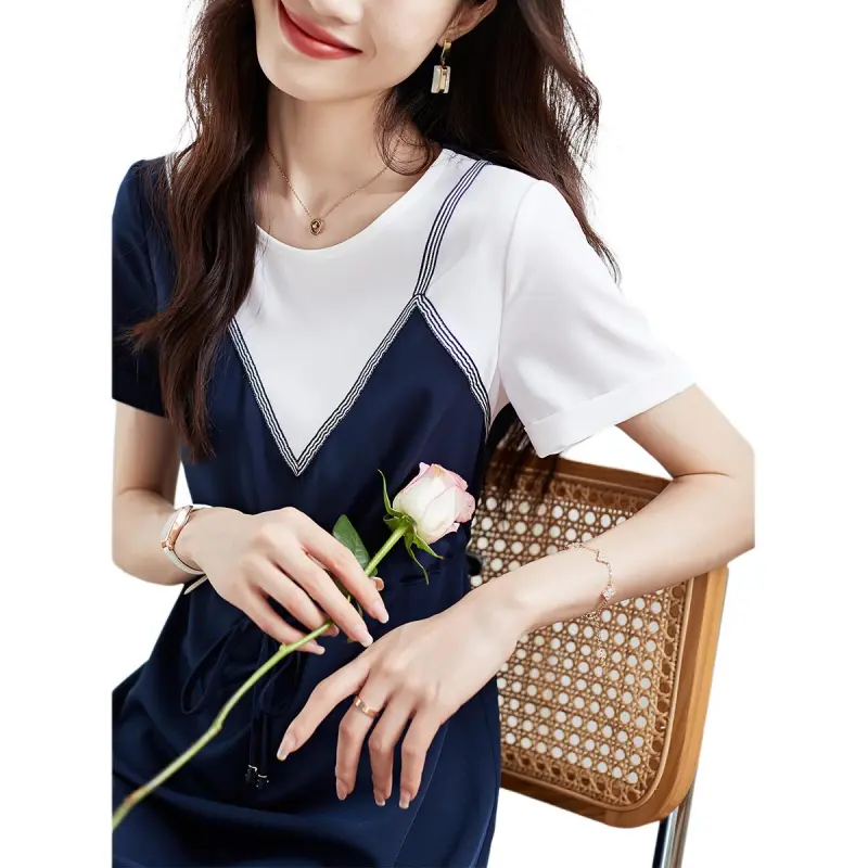 Mo Han Yi Mei Short Sleeved Dress Women's Navy Blue & White-2