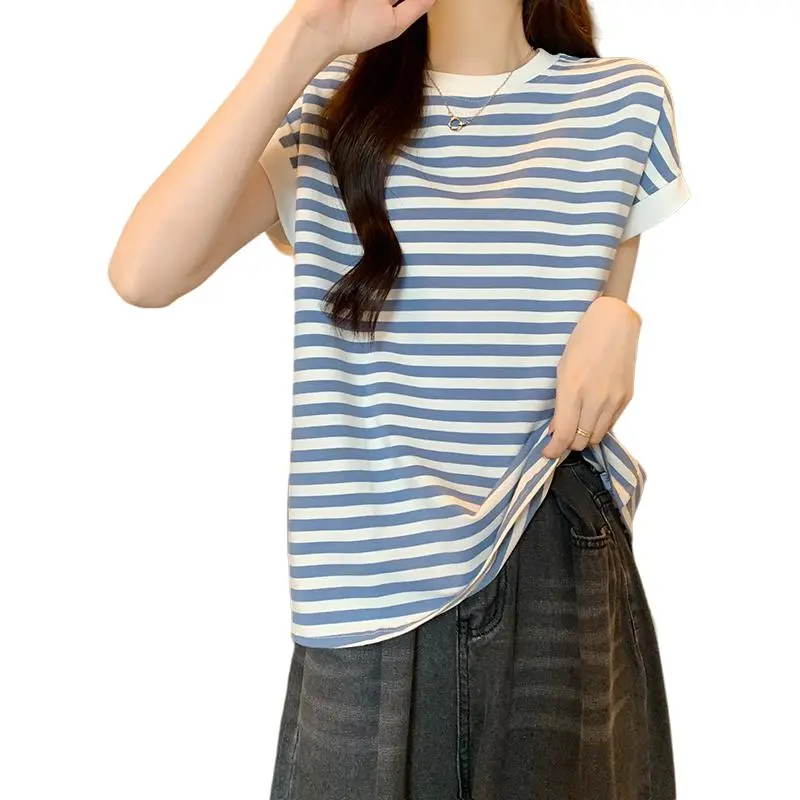 Mu Xiao Xin T Shirts Women's Blue Stripes-4