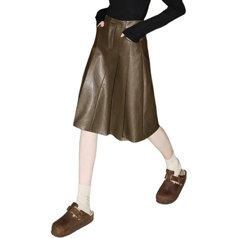 KUHNMARVIN Leather Long Skirts Women's Brown-6