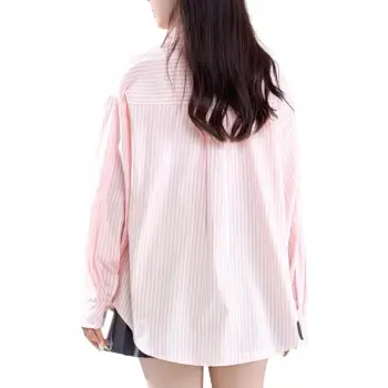 GOSO Shirt Women's Embroidered Heart Stripes Pink