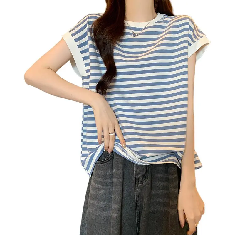 Mu Xiao Xin T Shirts Women's Blue Stripes-5