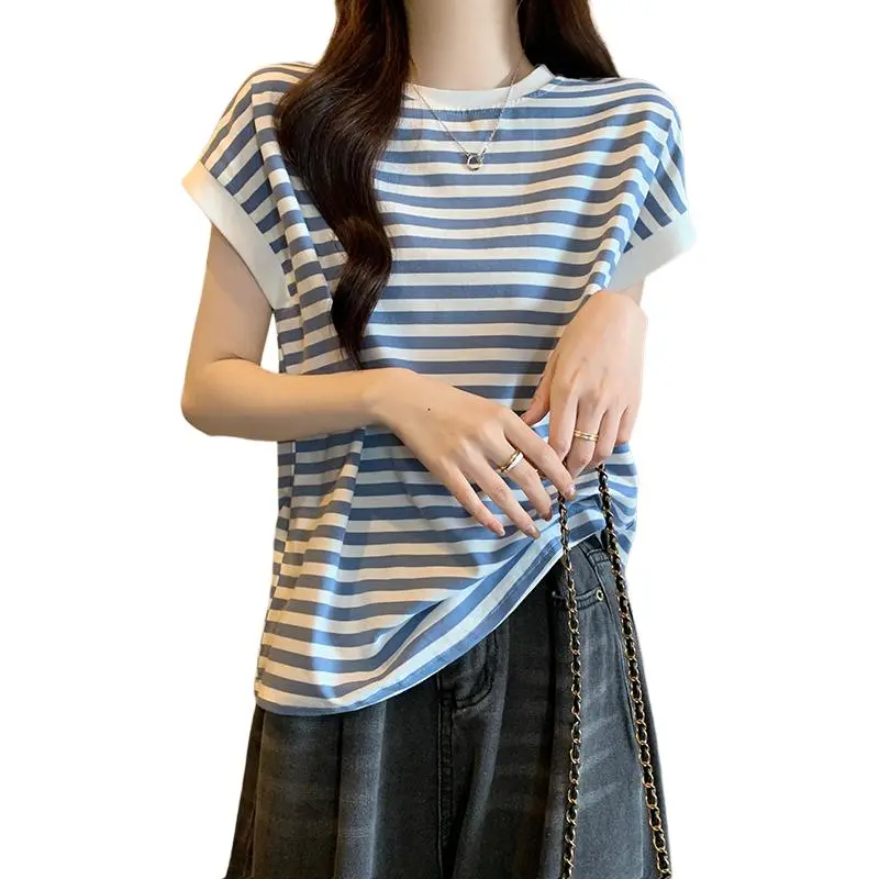 Mu Xiao Xin T Shirts Women's Blue Stripes-2