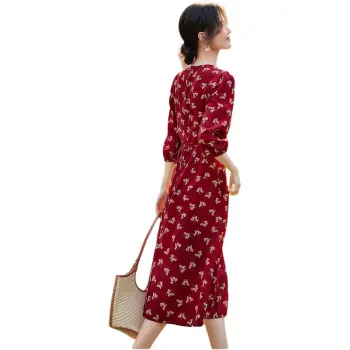 Flowers In Water Long Sleeved Dress Women's Red With Yellow Floral