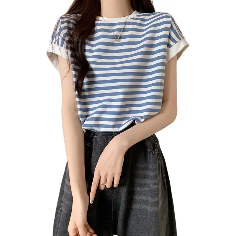 Mu Xiao Xin T Shirts Women's Blue Stripes-6