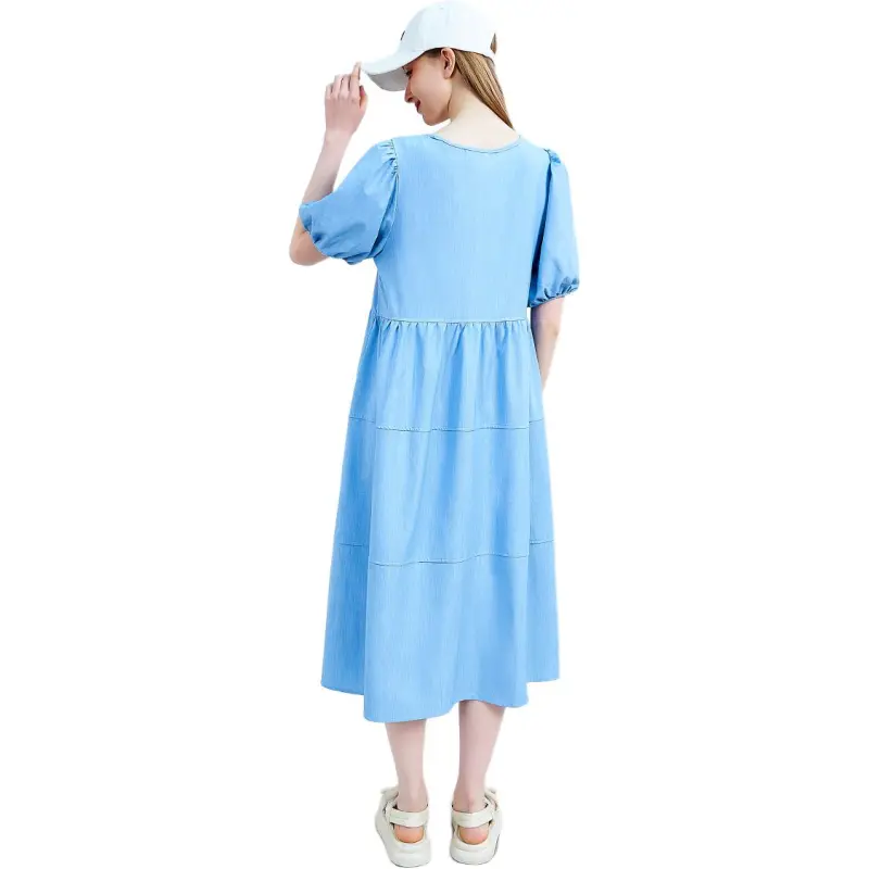 MUGUOGUOMU Summer Short Sleeved Dress Loose Fit Women's Ice Blue-1
