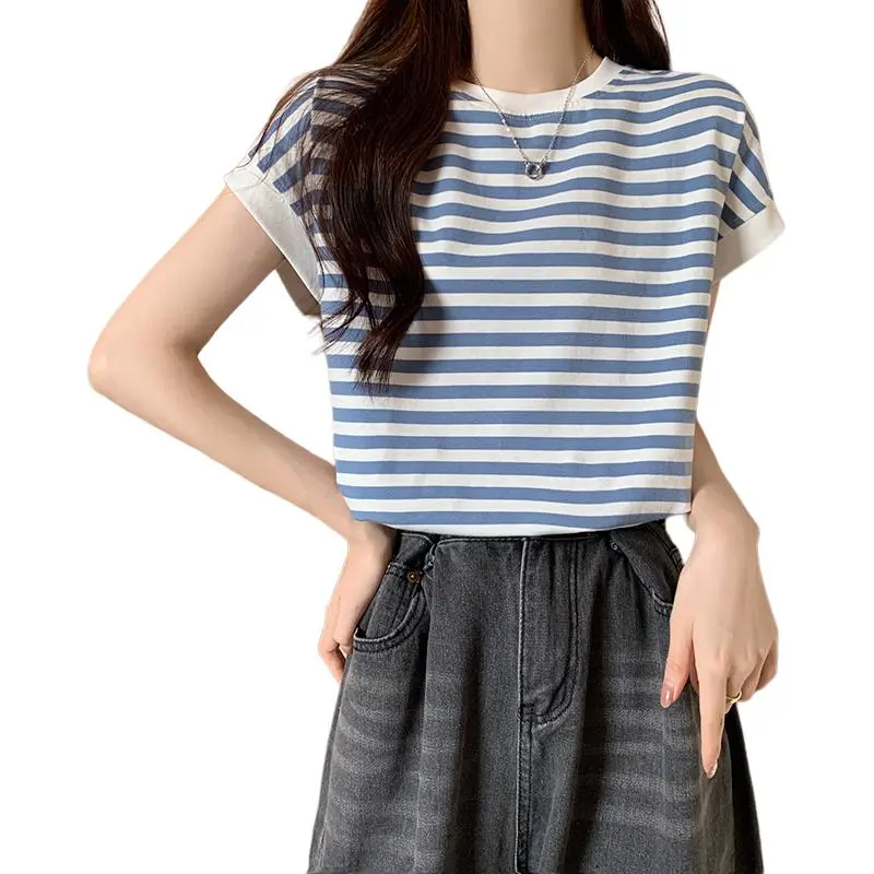 Mu Xiao Xin T Shirts Women's Blue Stripes-3