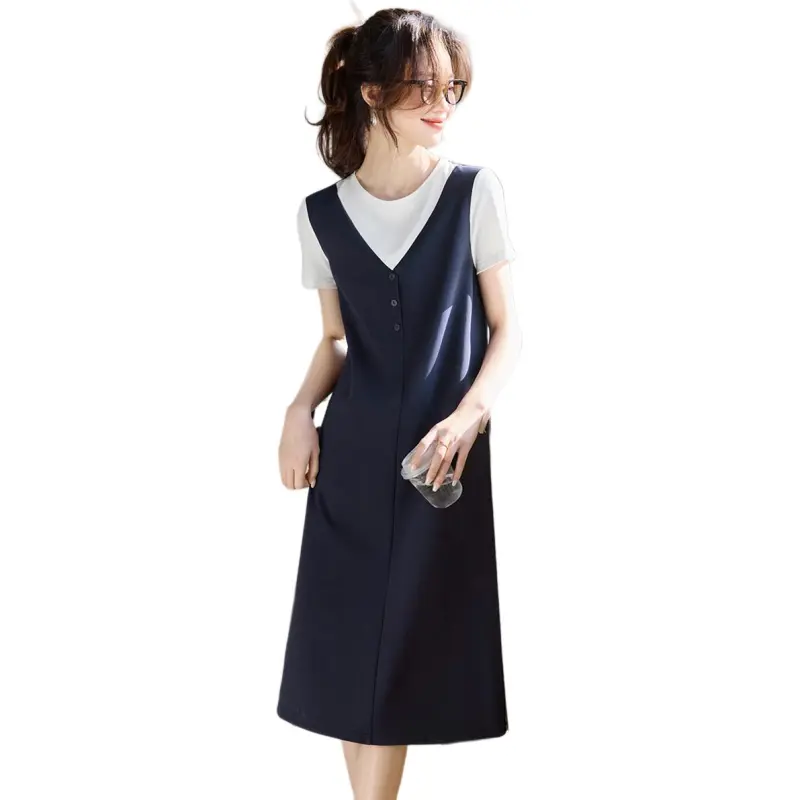 Mo Han Yi Mei Dress Women's Navy Blue & White-1