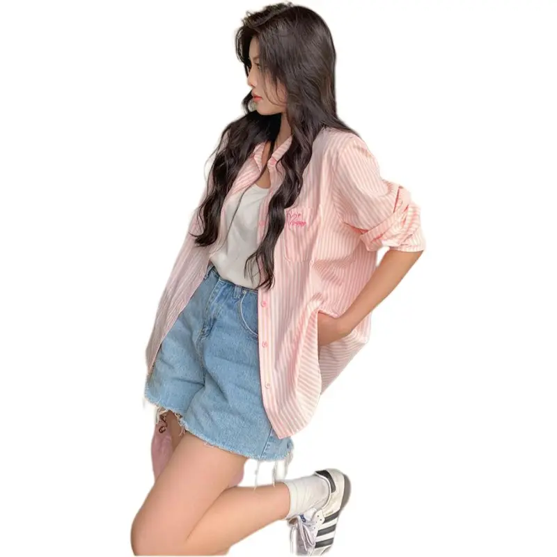 GOSO Shirt Women's Embroidered Heart Stripes Pink-1