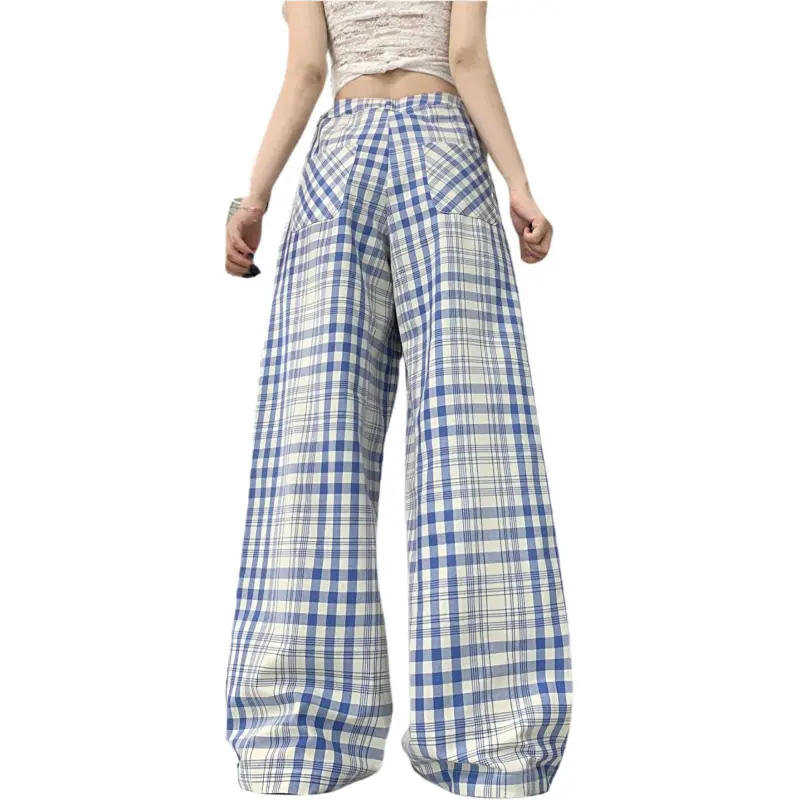 GOSO Casual Pants Women's Blue White Plaid-4