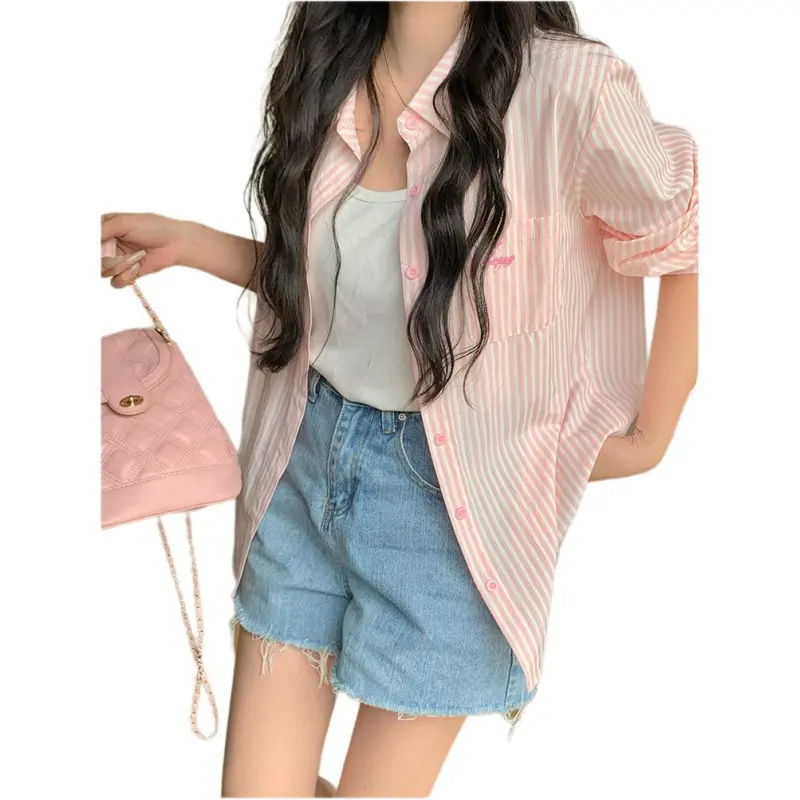 GOSO Shirt Women's Embroidered Heart Stripes Pink-2