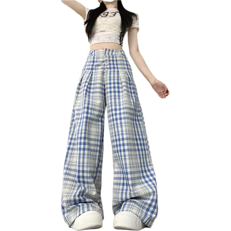 GOSO Casual Pants Women's Blue White Plaid-1