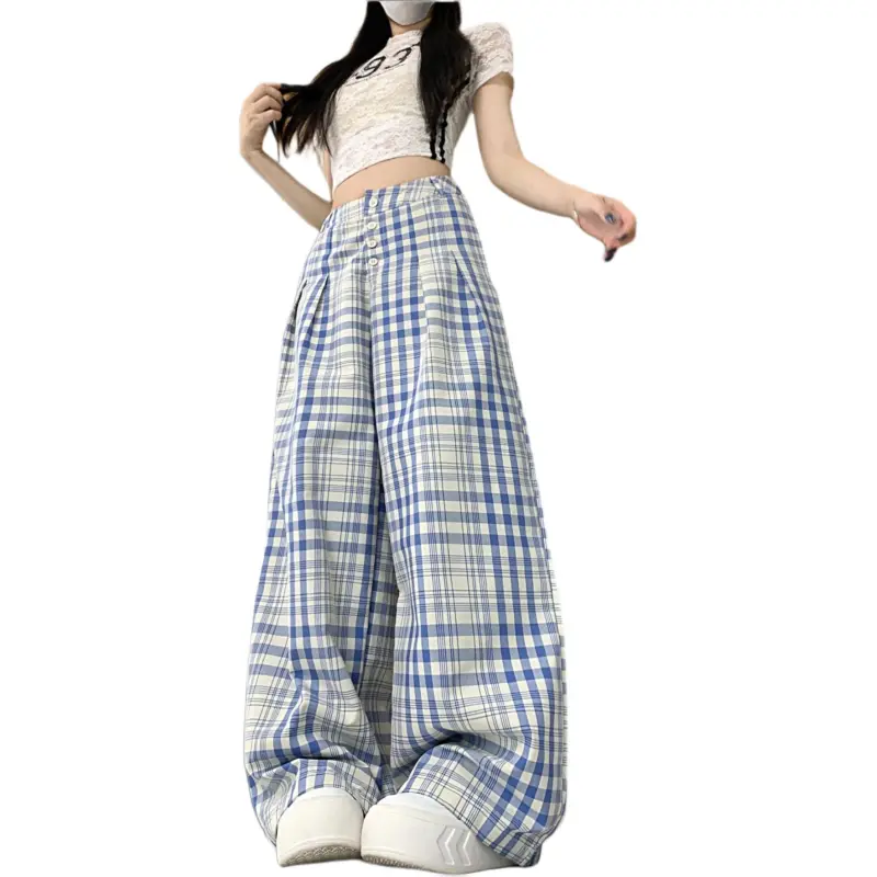 GOSO Casual Pants Women's Blue White Plaid-3