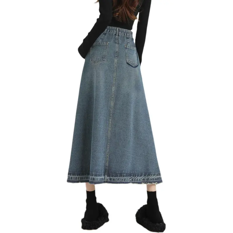 Weixi Denim Long Skirts Women's Vintage Blue-4