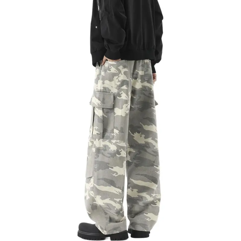 TESTUNG Casual Pants, American Vintage Distressed Outdoor Commute Versatile Sports Wide Leg Style Unisex-4