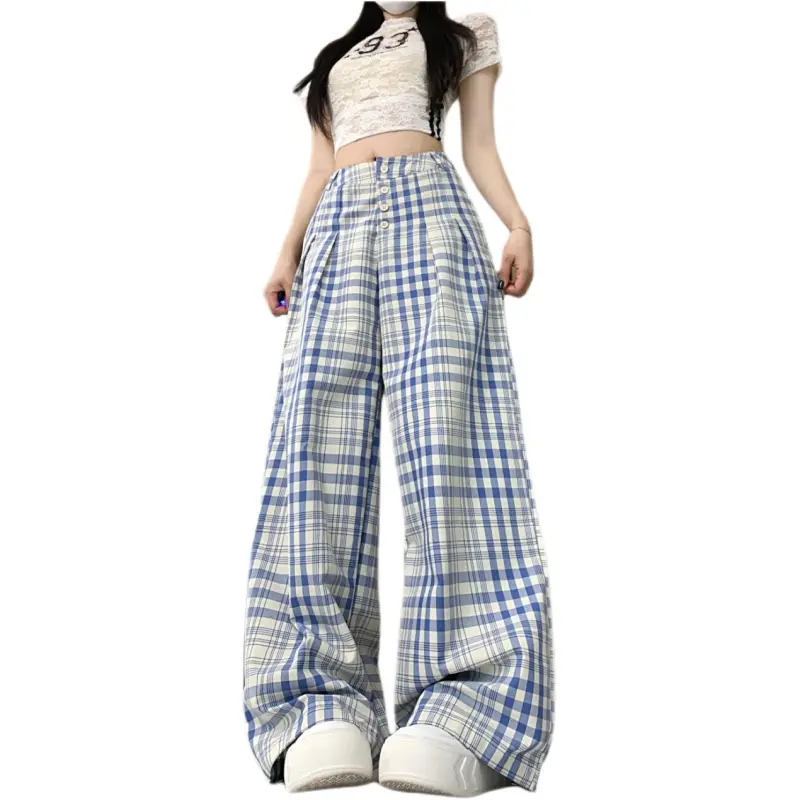 GOSO Casual Pants Women's Blue White Plaid-2