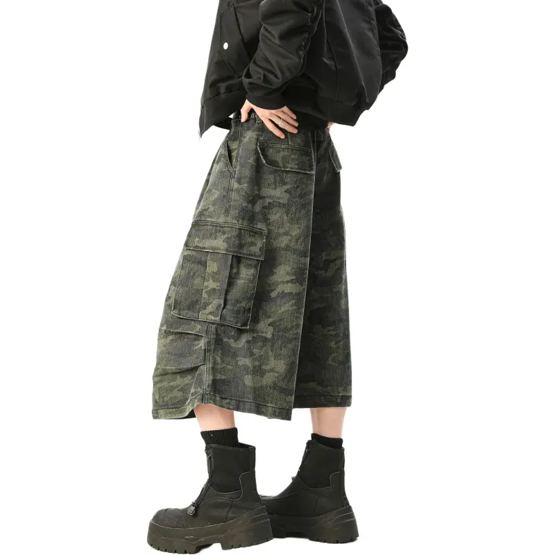 TESTUNG Denim Shorts Unisex Green Camouflage-1