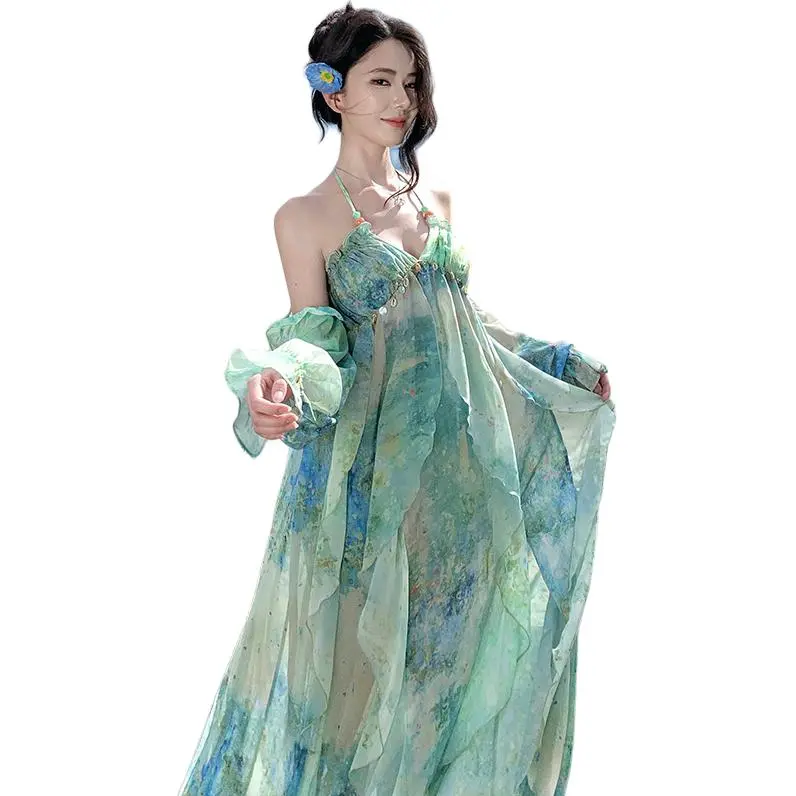 Dior Beauty Slip Dresses Women's Green Oil Paintings-3