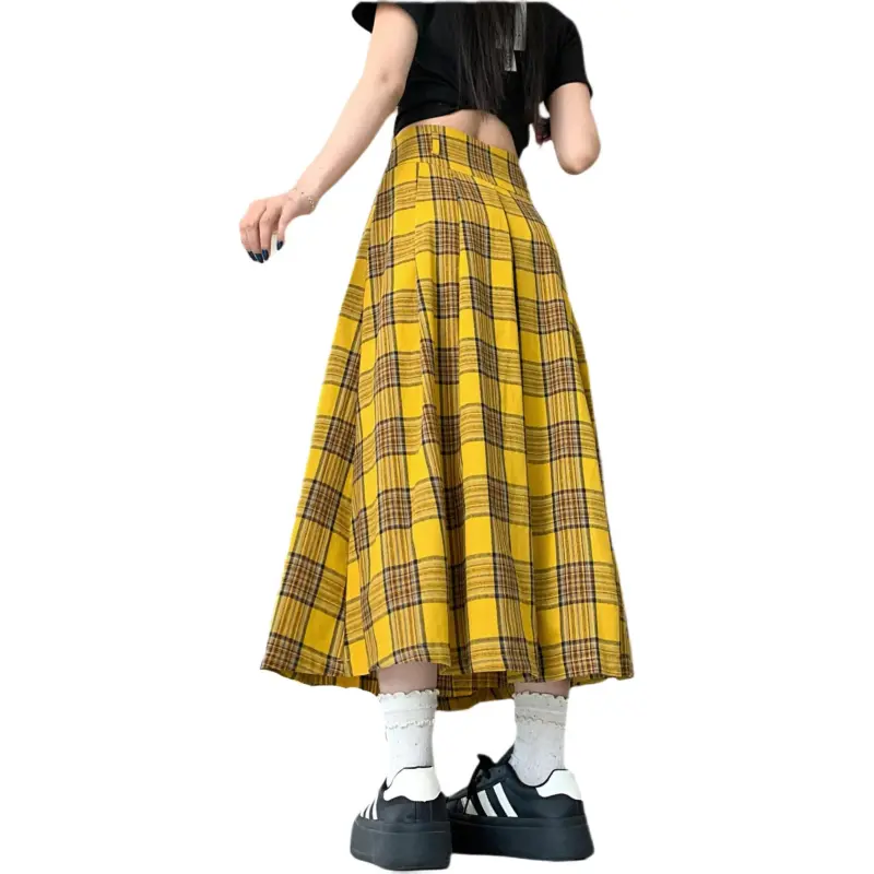 GOSO Casual Long Skirts Women's Yellow Plaid-1