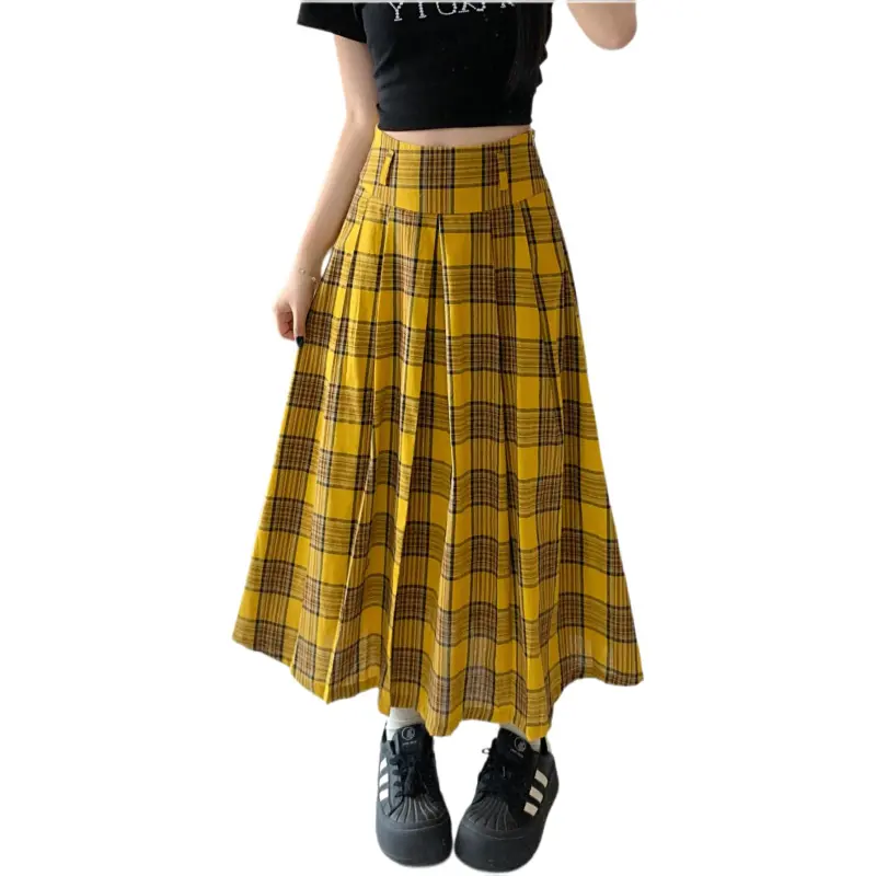 GOSO Casual Long Skirts Women's Yellow Plaid-2