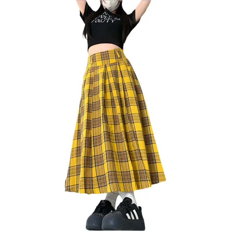 GOSO Casual Long Skirts Women's Yellow Plaid-3