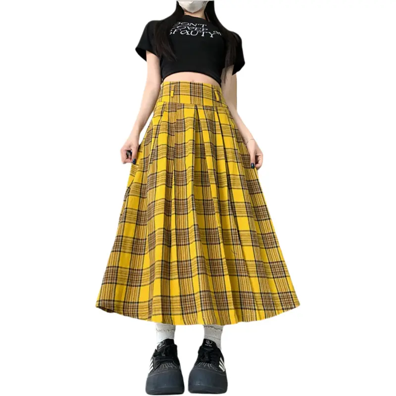 GOSO Casual Long Skirts Women's Yellow Plaid-4